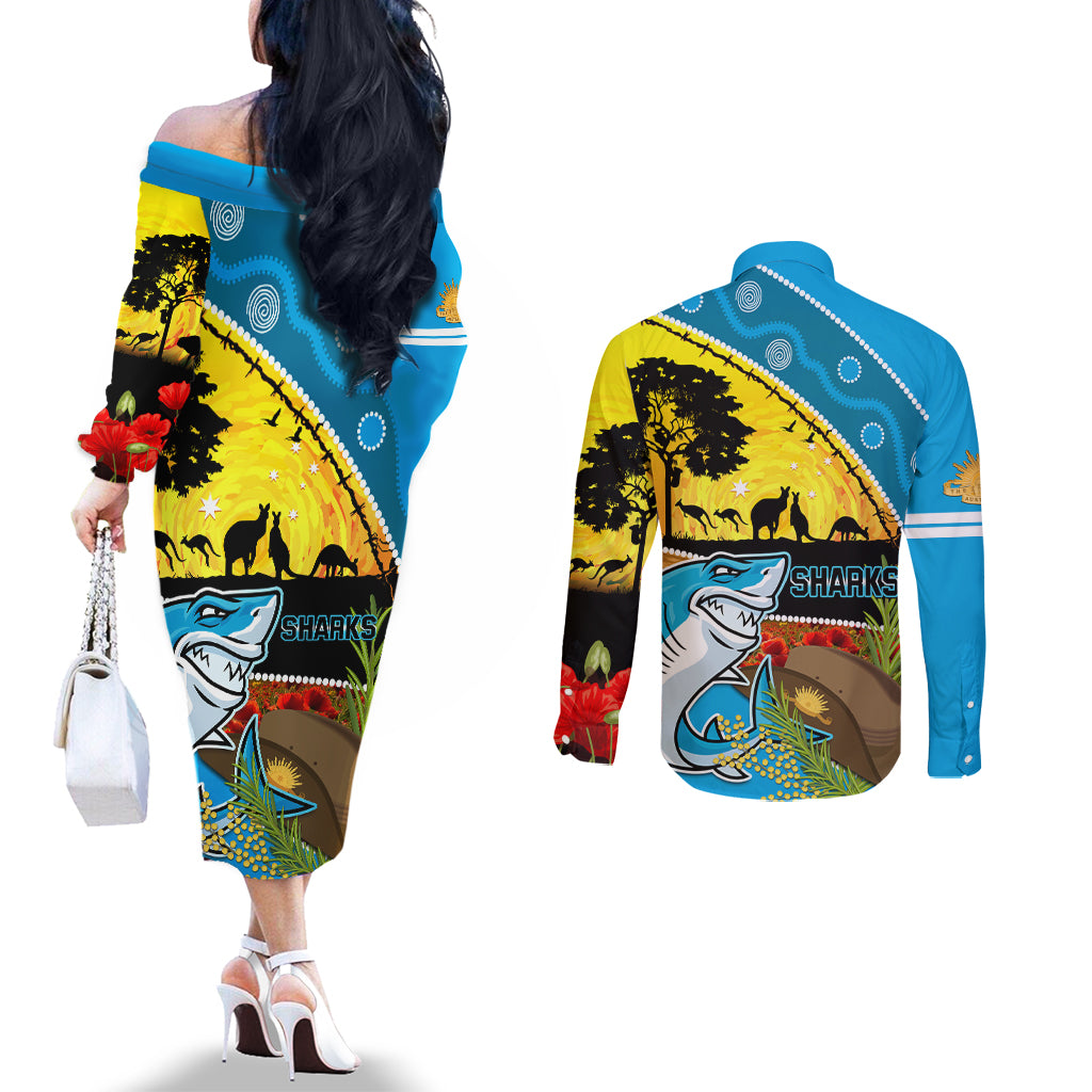 Sharks Rugby ANZAC Day Couples Matching Off The Shoulder Long Sleeve Dress and Long Sleeve Button Shirt Sharkies Rosemary Starry Night