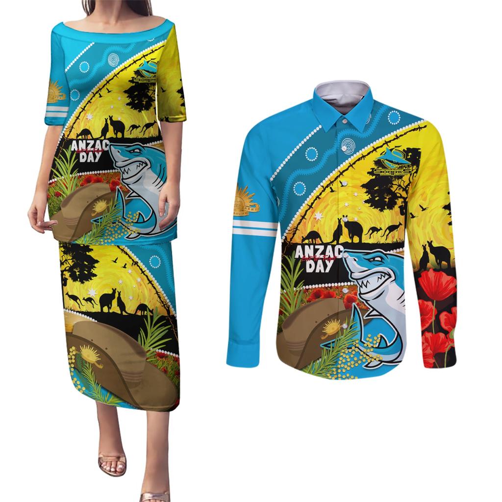 Sharks Rugby ANZAC Day Couples Matching Puletasi and Long Sleeve Button Shirt Sharkies Rosemary Starry Night