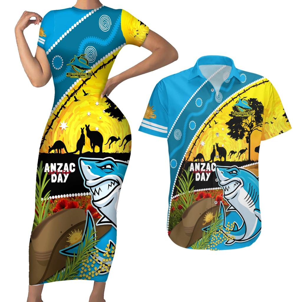 Sharks Rugby ANZAC Day Couples Matching Short Sleeve Bodycon Dress and Hawaiian Shirt Sharkies Rosemary Starry Night
