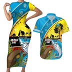 Sharks Rugby ANZAC Day Couples Matching Short Sleeve Bodycon Dress and Hawaiian Shirt Sharkies Rosemary Starry Night