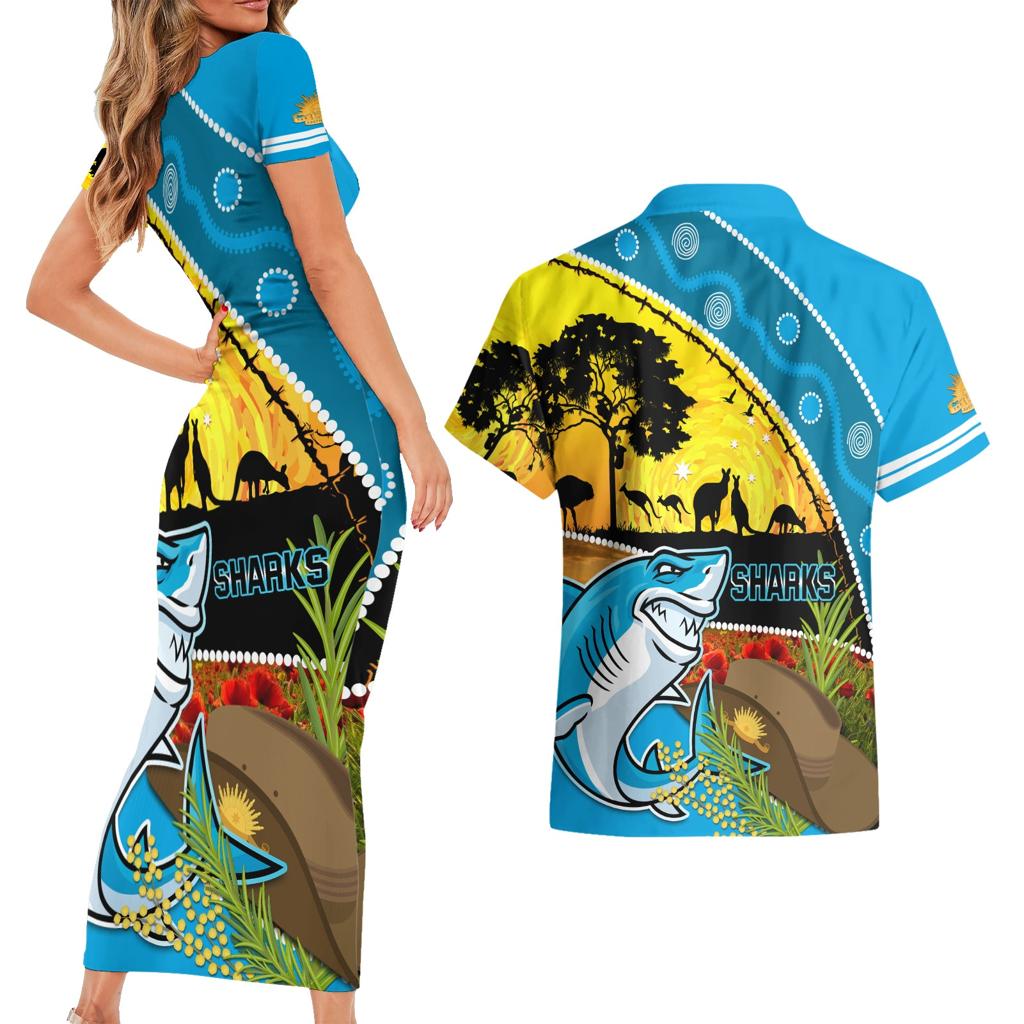 Sharks Rugby ANZAC Day Couples Matching Short Sleeve Bodycon Dress and Hawaiian Shirt Sharkies Rosemary Starry Night