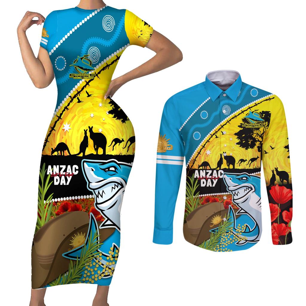 Sharks Rugby ANZAC Day Couples Matching Short Sleeve Bodycon Dress and Long Sleeve Button Shirt Sharkies Rosemary Starry Night