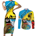Sharks Rugby ANZAC Day Couples Matching Short Sleeve Bodycon Dress and Long Sleeve Button Shirt Sharkies Rosemary Starry Night