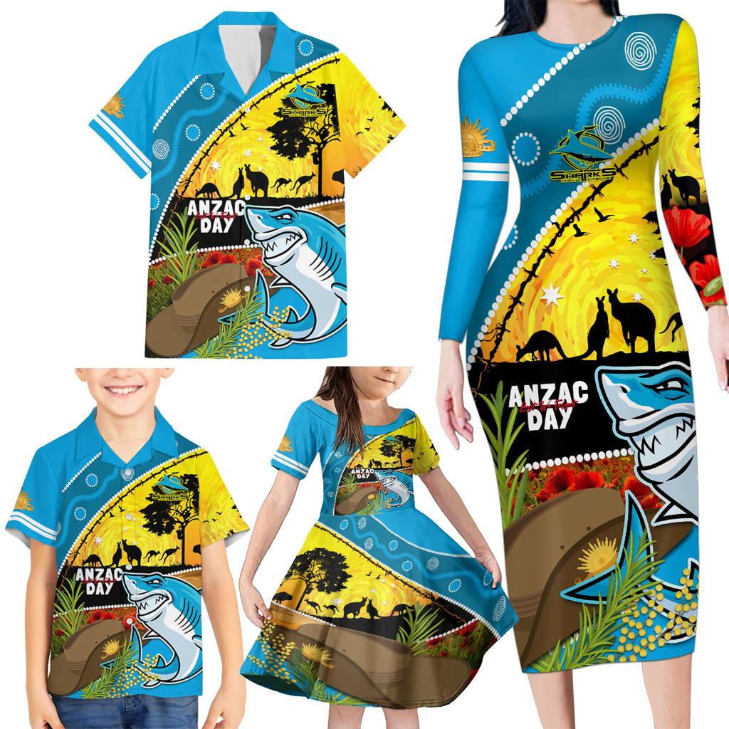 Sharks Rugby ANZAC Day Family Matching Long Sleeve Bodycon Dress and Hawaiian Shirt Sharkies Rosemary Starry Night