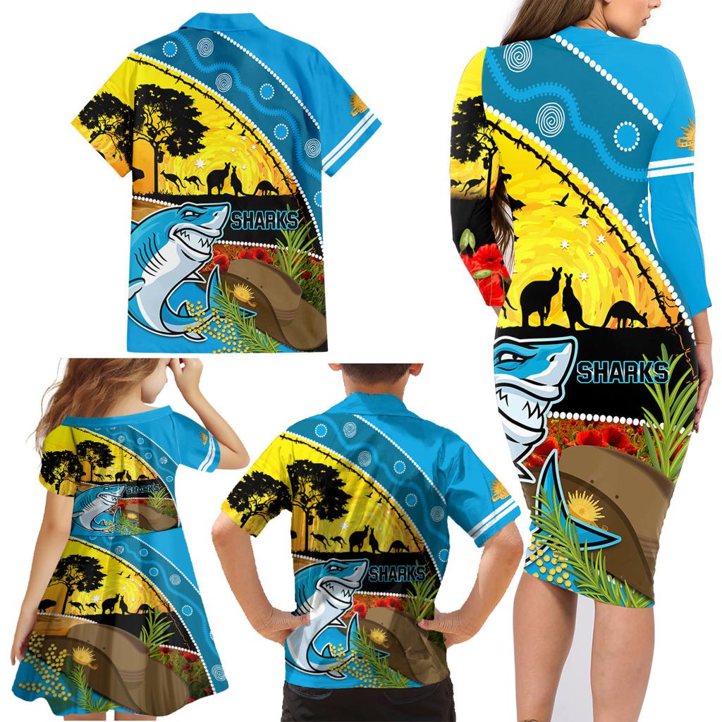 Sharks Rugby ANZAC Day Family Matching Long Sleeve Bodycon Dress and Hawaiian Shirt Sharkies Rosemary Starry Night