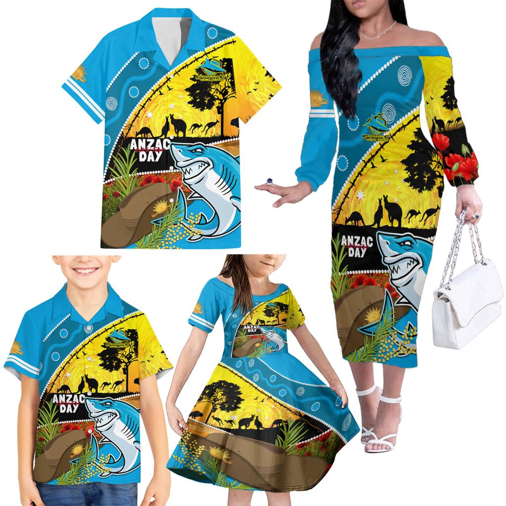 Sharks Rugby ANZAC Day Family Matching Off Shoulder Long Sleeve Dress and Hawaiian Shirt Sharkies Rosemary Starry Night