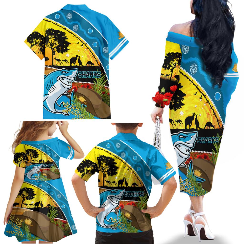 Sharks Rugby ANZAC Day Family Matching Off Shoulder Long Sleeve Dress and Hawaiian Shirt Sharkies Rosemary Starry Night