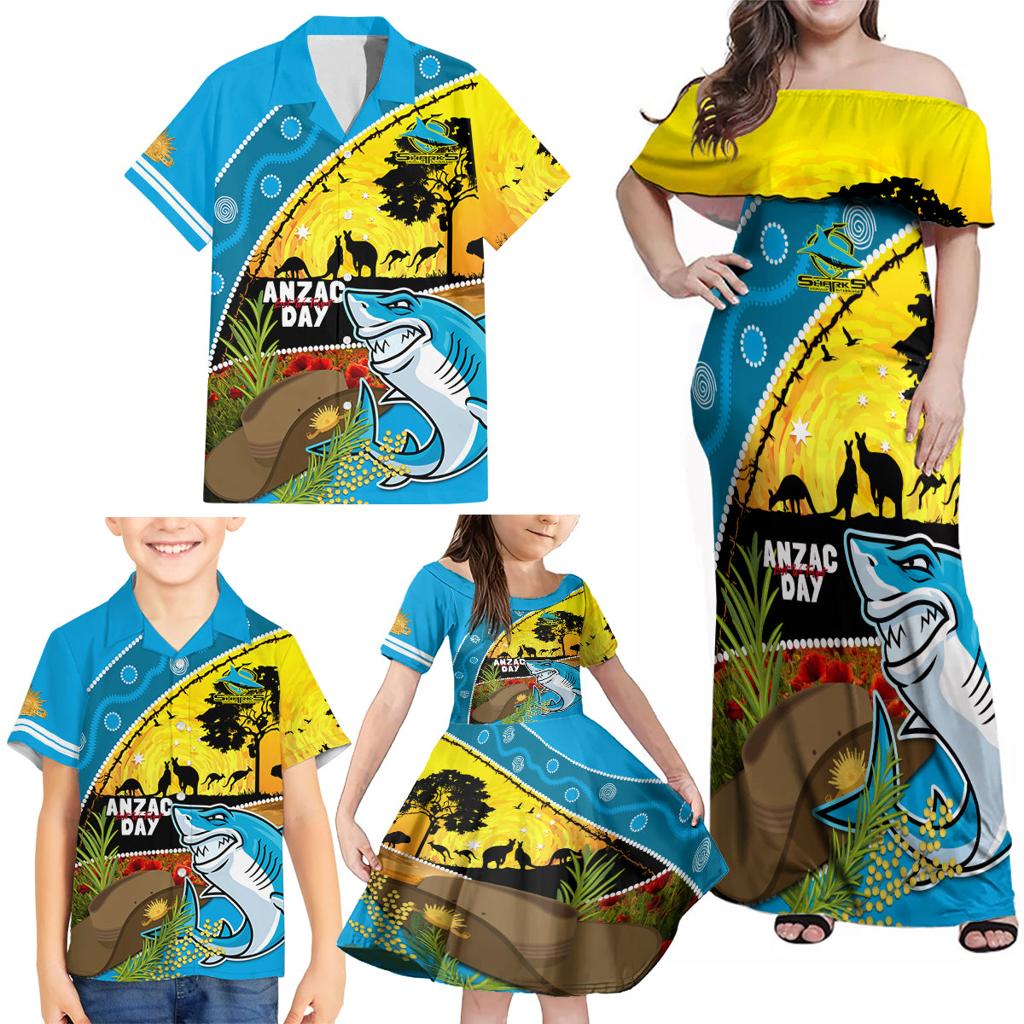 Sharks Rugby ANZAC Day Family Matching Off Shoulder Maxi Dress and Hawaiian Shirt Sharkies Rosemary Starry Night