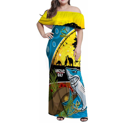 Sharks Rugby ANZAC Day Family Matching Off Shoulder Maxi Dress and Hawaiian Shirt Sharkies Rosemary Starry Night