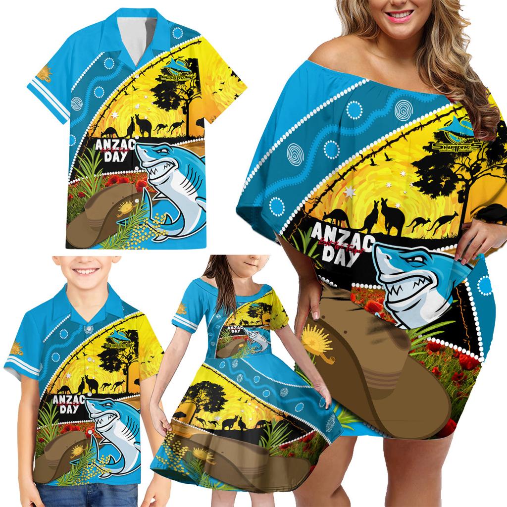 Sharks Rugby ANZAC Day Family Matching Off Shoulder Short Dress and Hawaiian Shirt Sharkies Rosemary Starry Night
