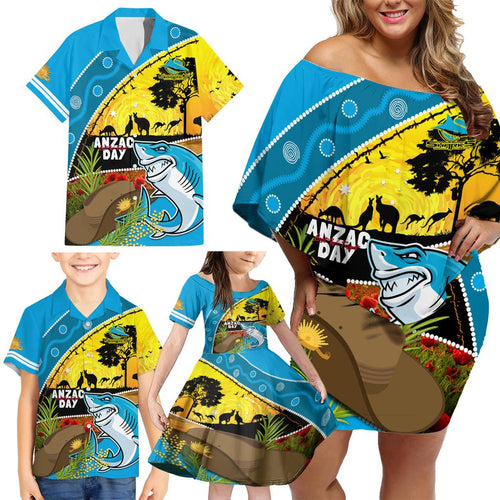 Sharks Rugby ANZAC Day Family Matching Off Shoulder Short Dress and Hawaiian Shirt Sharkies Rosemary Starry Night