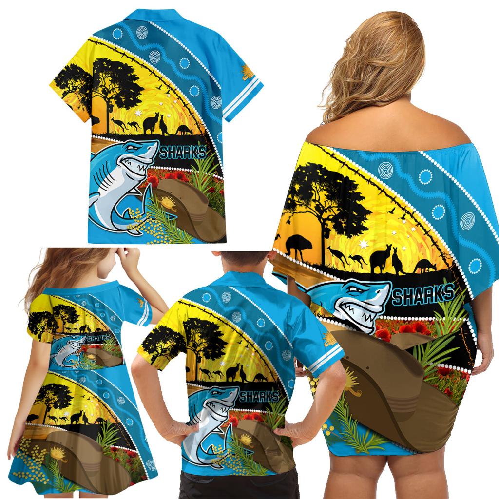 Sharks Rugby ANZAC Day Family Matching Off Shoulder Short Dress and Hawaiian Shirt Sharkies Rosemary Starry Night