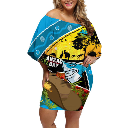 Sharks Rugby ANZAC Day Family Matching Off Shoulder Short Dress and Hawaiian Shirt Sharkies Rosemary Starry Night
