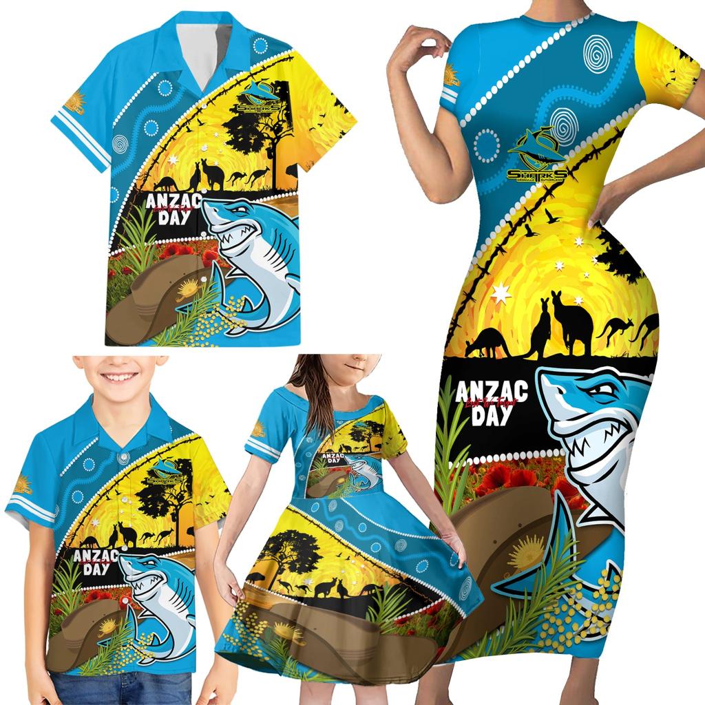 Sharks Rugby ANZAC Day Family Matching Short Sleeve Bodycon Dress and Hawaiian Shirt Sharkies Rosemary Starry Night