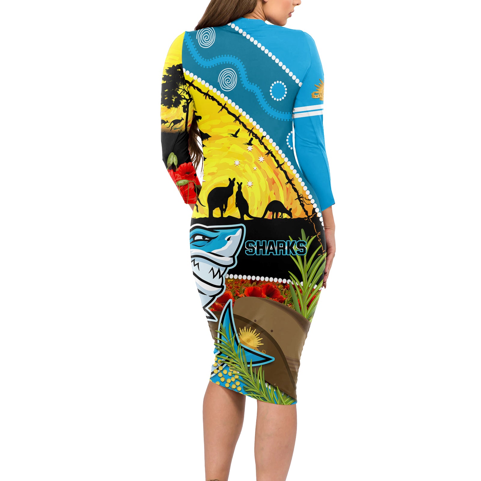 Sharks Rugby ANZAC Day Long Sleeve Bodycon Dress Sharkies Rosemary Starry Night