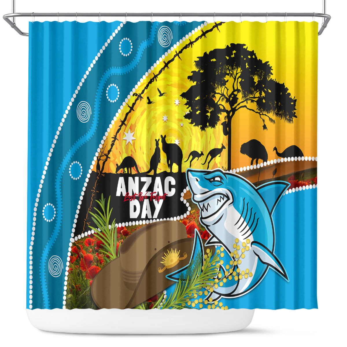 Sharks Rugby ANZAC Day Shower Curtain Sharkies Rosemary Starry Night