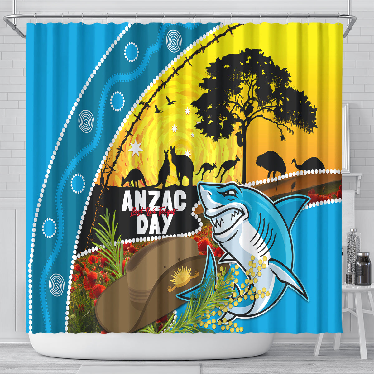 Sharks Rugby ANZAC Day Shower Curtain Sharkies Rosemary Starry Night