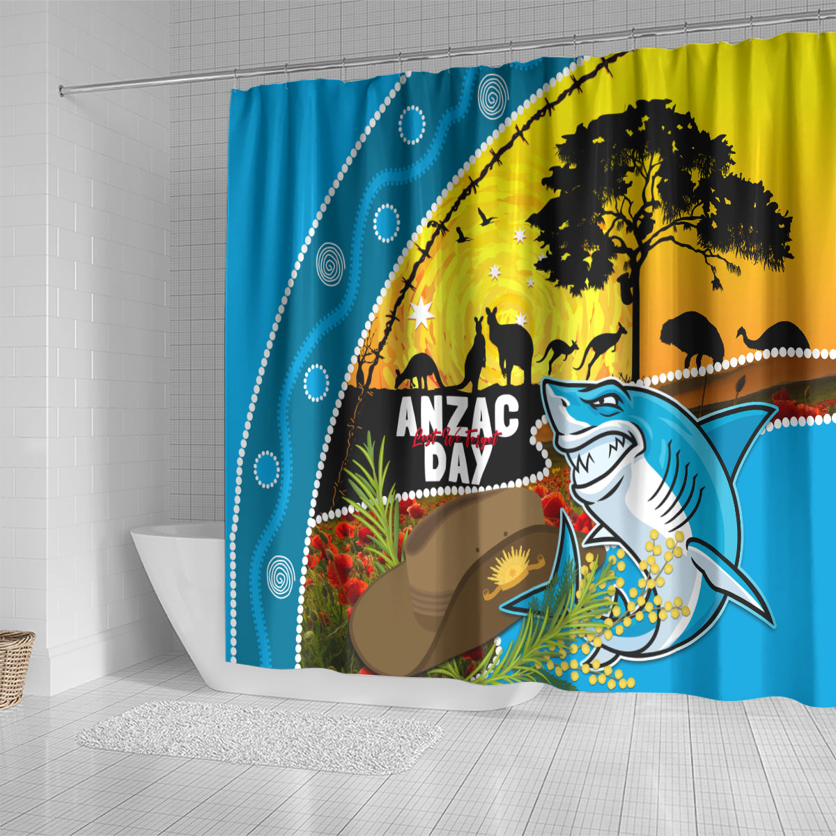 Sharks Rugby ANZAC Day Shower Curtain Sharkies Rosemary Starry Night