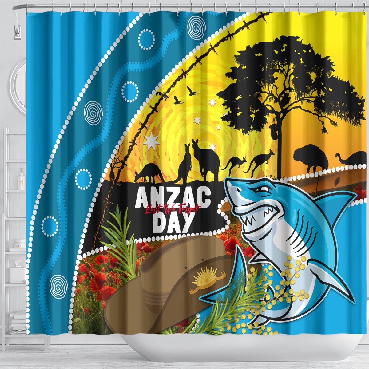 Sharks Rugby ANZAC Day Shower Curtain Sharkies Rosemary Starry Night