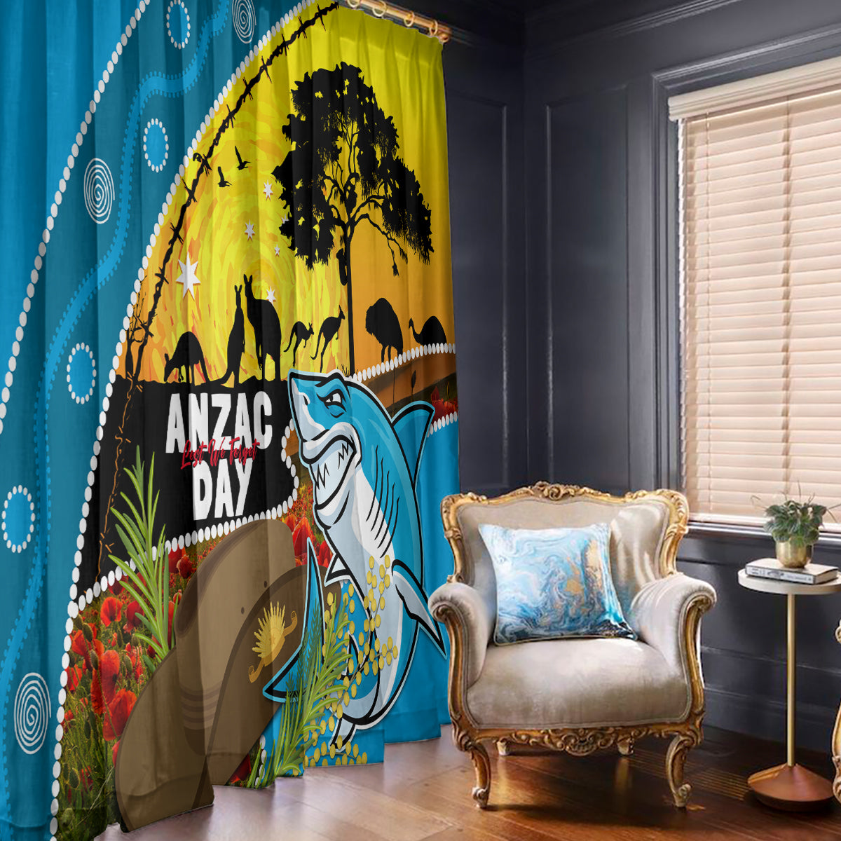 Sharks Rugby ANZAC Day Window Curtain Sharkies Rosemary Starry Night