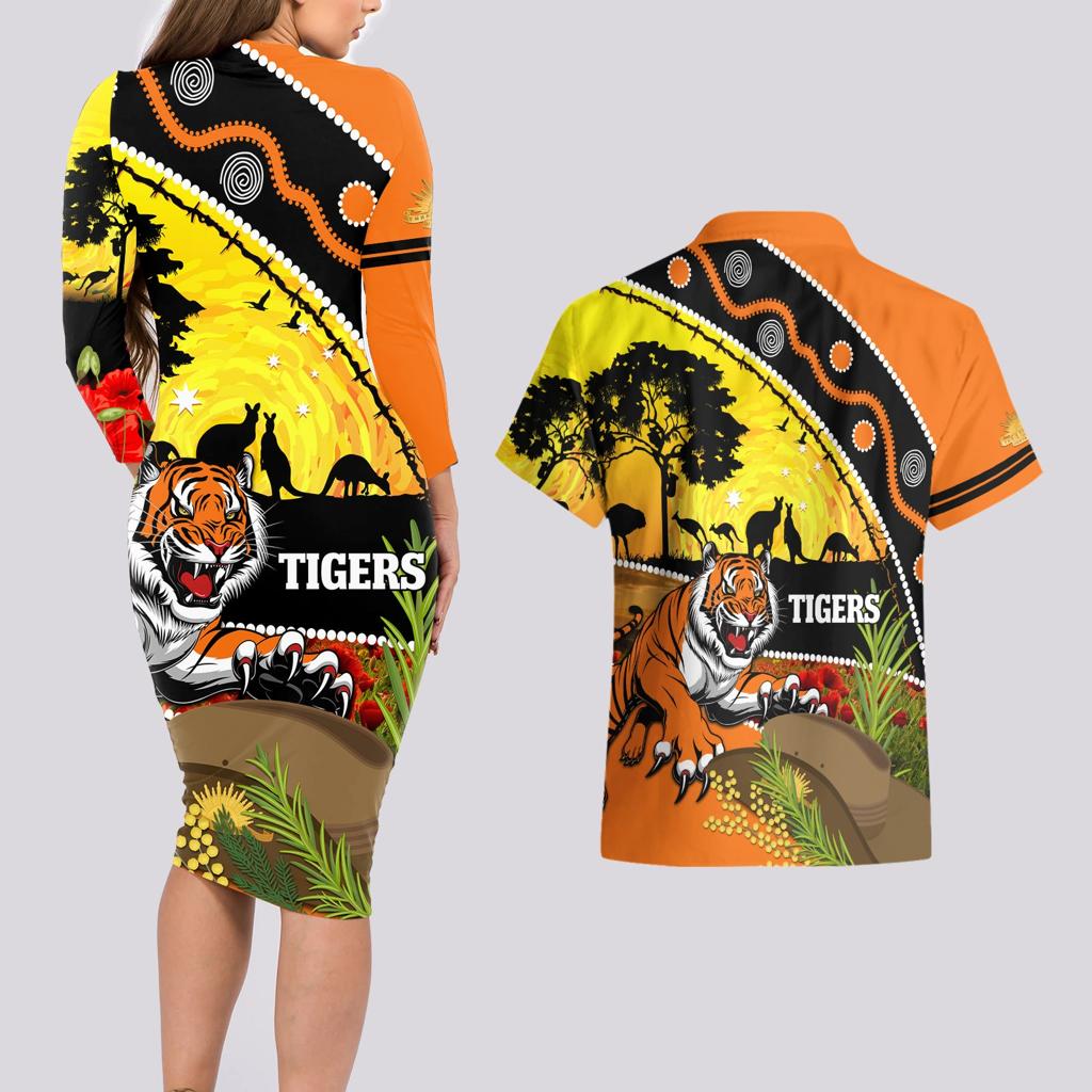 Tigers Rugby ANZAC Day Couples Matching Long Sleeve Bodycon Dress and Hawaiian Shirt Wests Mascot Rosemary Starry Night