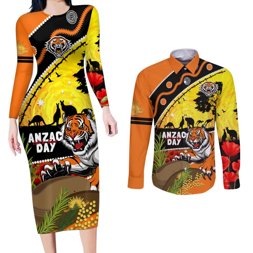 Tigers Rugby ANZAC Day Couples Matching Long Sleeve Bodycon Dress and Long Sleeve Button Shirt Wests Mascot Rosemary Starry Night