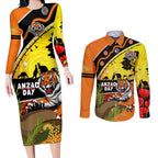 Tigers Rugby ANZAC Day Couples Matching Long Sleeve Bodycon Dress and Long Sleeve Button Shirt Wests Mascot Rosemary Starry Night