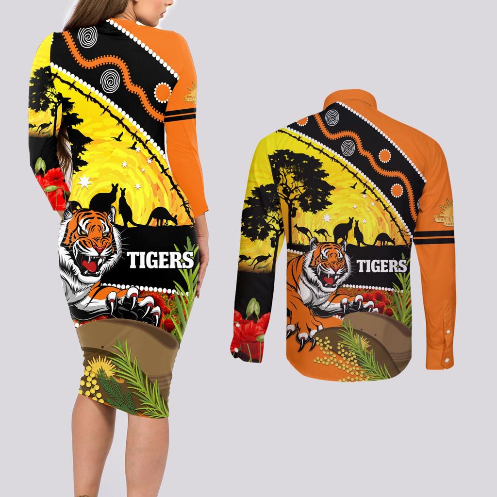 Tigers Rugby ANZAC Day Couples Matching Long Sleeve Bodycon Dress and Long Sleeve Button Shirt Wests Mascot Rosemary Starry Night