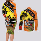 Tigers Rugby ANZAC Day Couples Matching Long Sleeve Bodycon Dress and Long Sleeve Button Shirt Wests Mascot Rosemary Starry Night