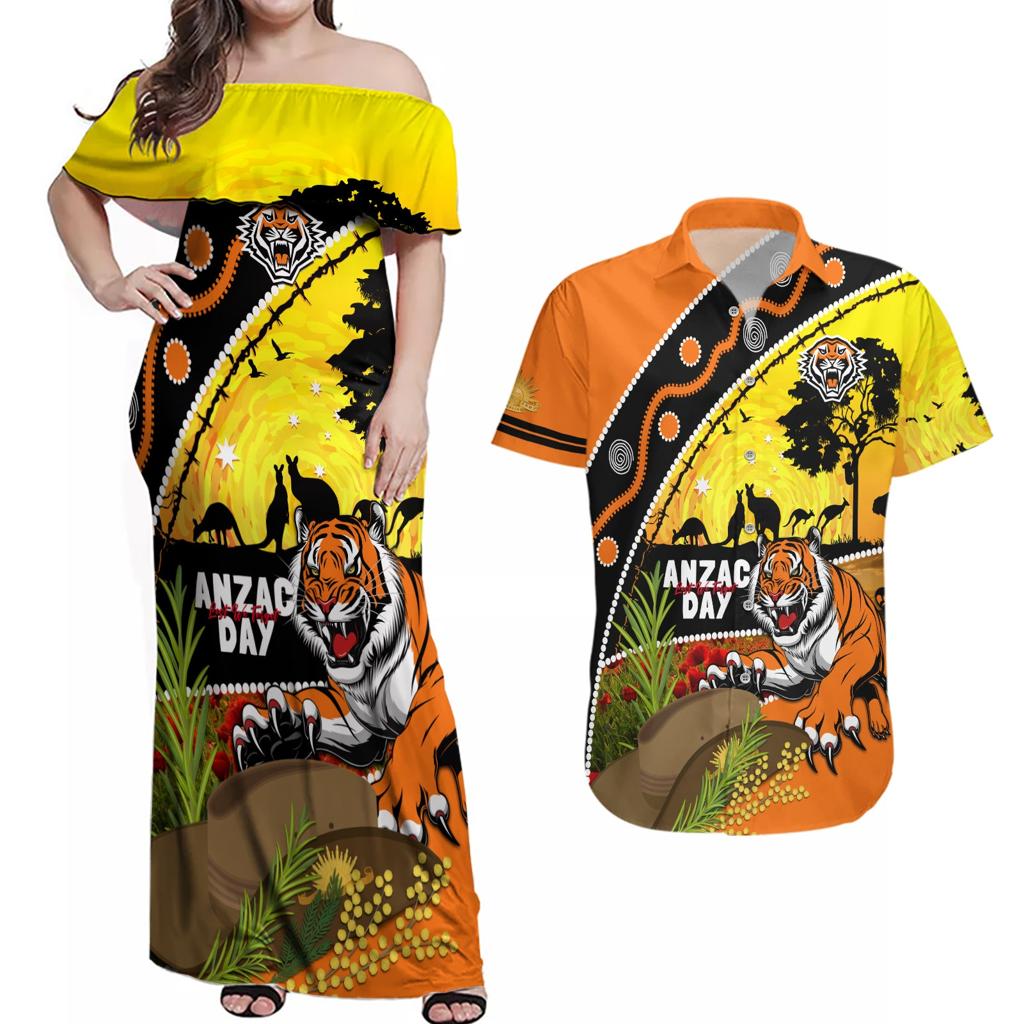 Tigers Rugby ANZAC Day Couples Matching Off Shoulder Maxi Dress and Hawaiian Shirt Wests Mascot Rosemary Starry Night