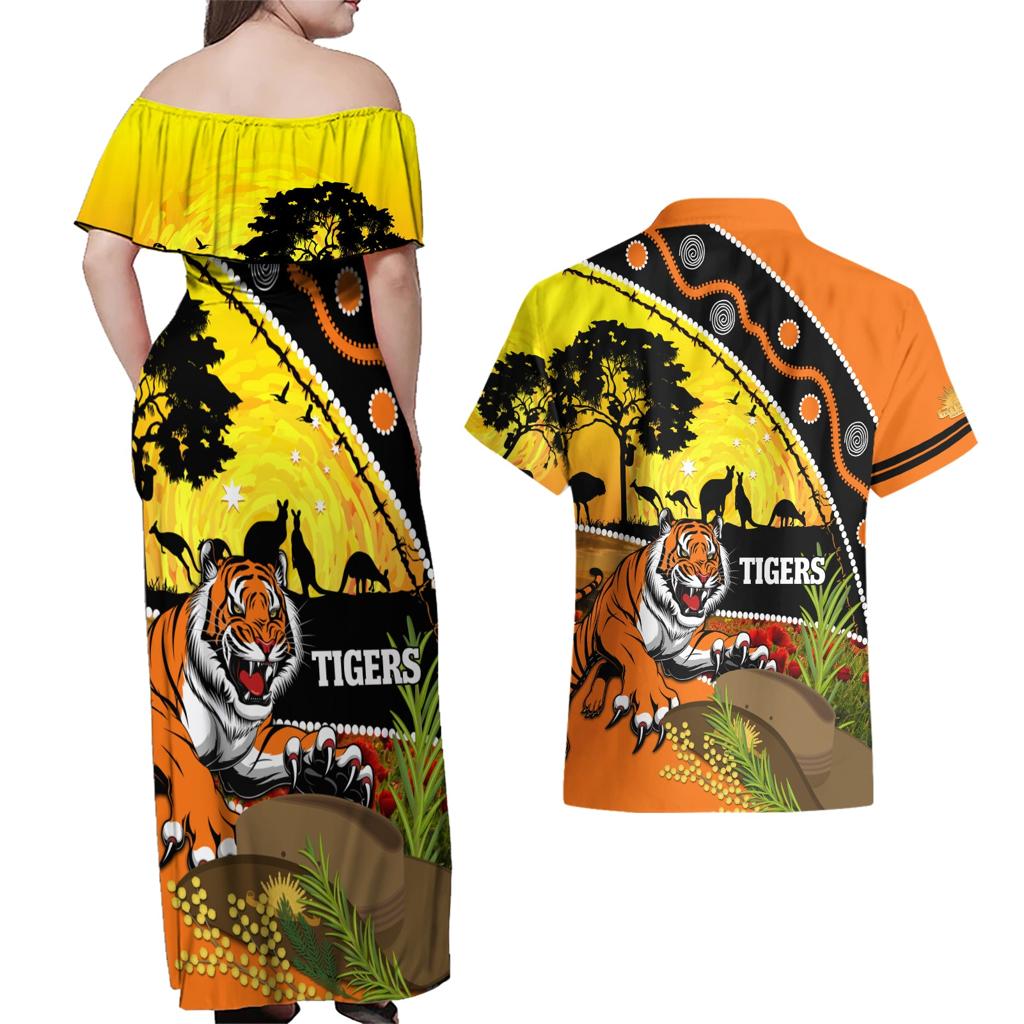 Tigers Rugby ANZAC Day Couples Matching Off Shoulder Maxi Dress and Hawaiian Shirt Wests Mascot Rosemary Starry Night