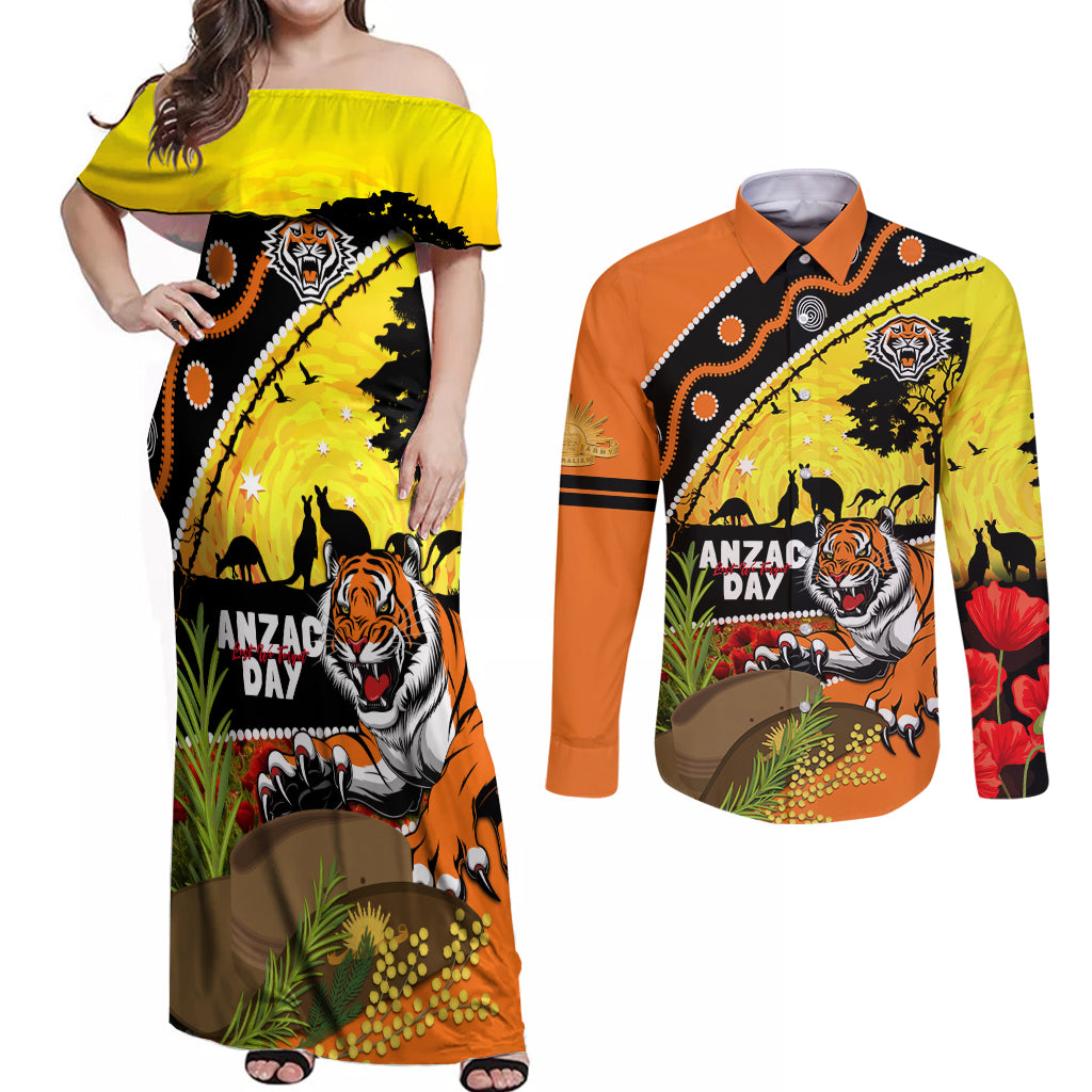 Tigers Rugby ANZAC Day Couples Matching Off Shoulder Maxi Dress and Long Sleeve Button Shirt Wests Mascot Rosemary Starry Night