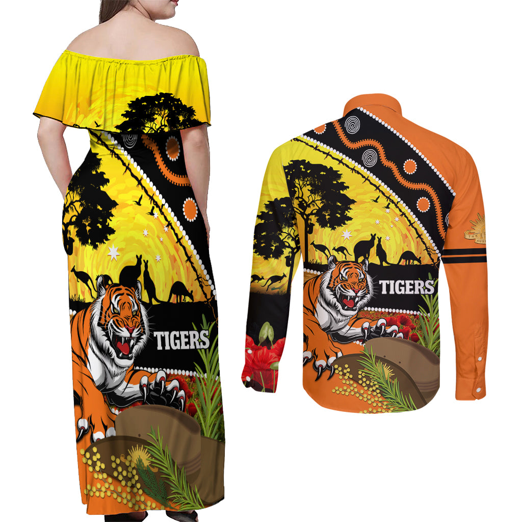 Tigers Rugby ANZAC Day Couples Matching Off Shoulder Maxi Dress and Long Sleeve Button Shirt Wests Mascot Rosemary Starry Night