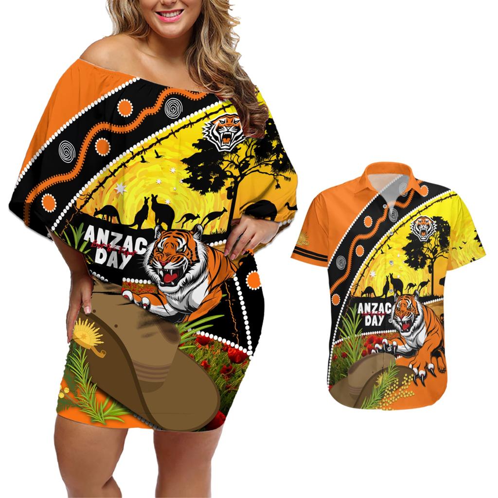 Tigers Rugby ANZAC Day Couples Matching Off Shoulder Short Dress and Hawaiian Shirt Wests Mascot Rosemary Starry Night