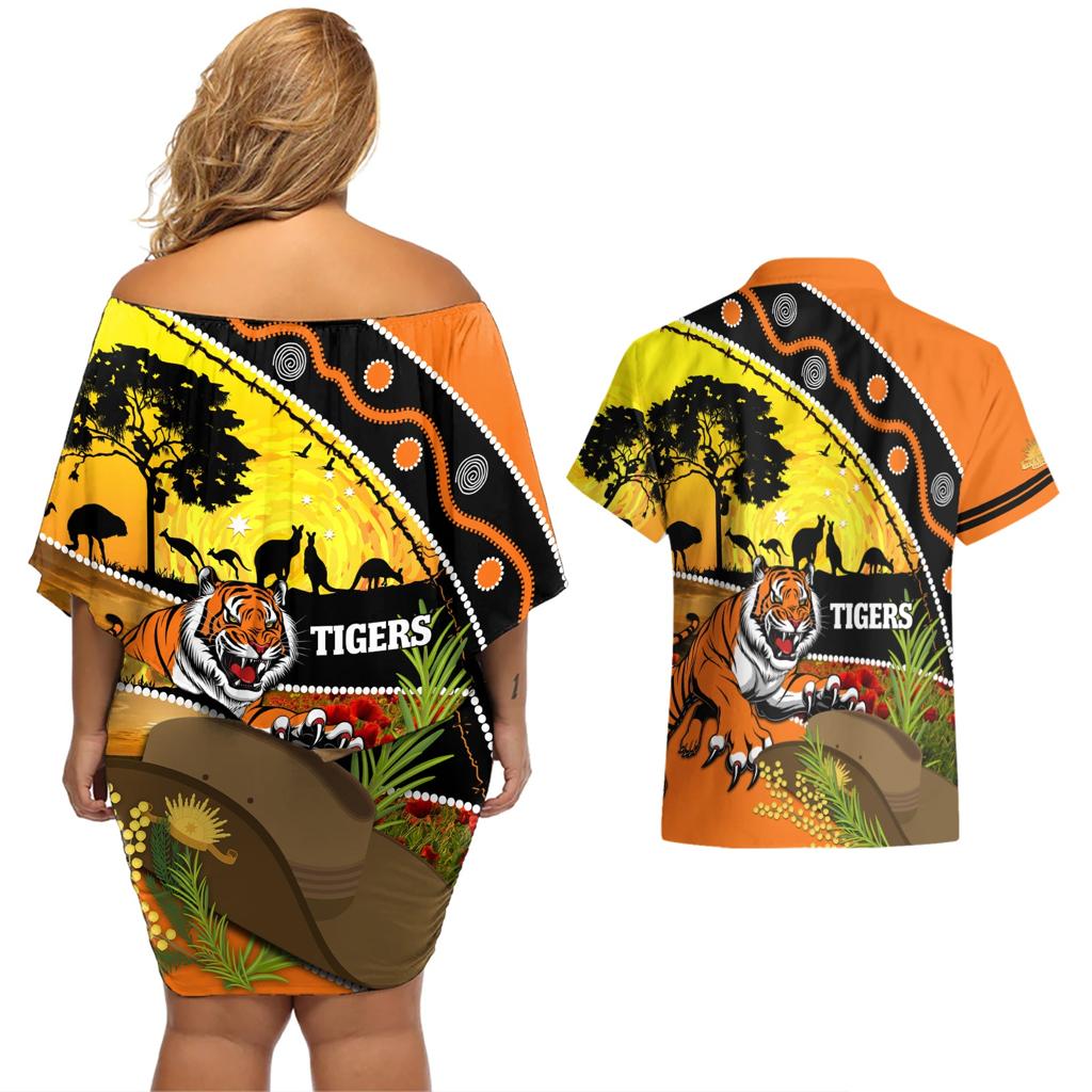 Tigers Rugby ANZAC Day Couples Matching Off Shoulder Short Dress and Hawaiian Shirt Wests Mascot Rosemary Starry Night