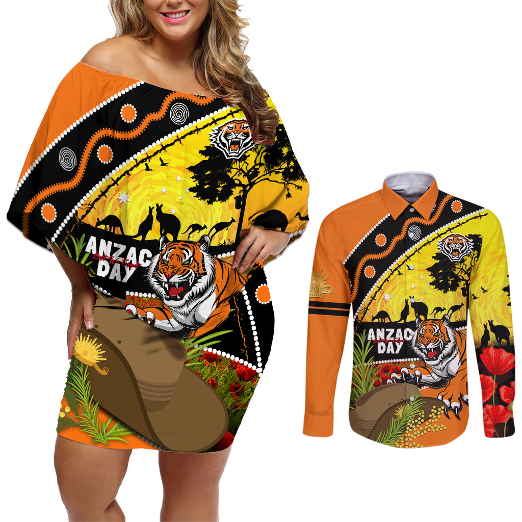 Tigers Rugby ANZAC Day Couples Matching Off Shoulder Short Dress and Long Sleeve Button Shirt Wests Mascot Rosemary Starry Night