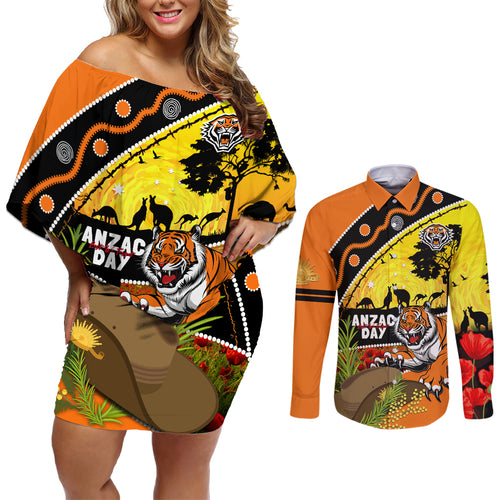 Tigers Rugby ANZAC Day Couples Matching Off Shoulder Short Dress and Long Sleeve Button Shirt Wests Mascot Rosemary Starry Night