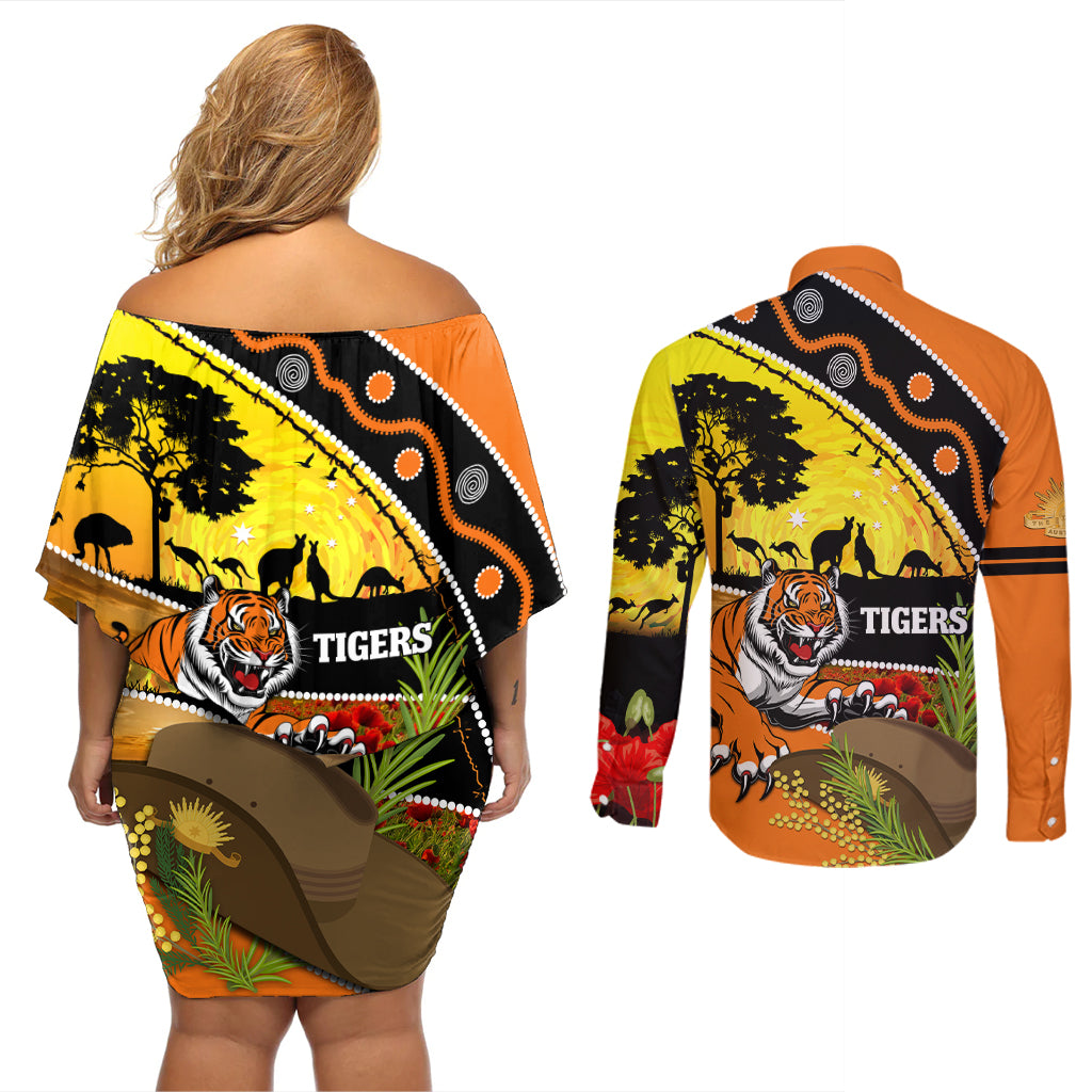 Tigers Rugby ANZAC Day Couples Matching Off Shoulder Short Dress and Long Sleeve Button Shirt Wests Mascot Rosemary Starry Night