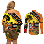 Tigers Rugby ANZAC Day Couples Matching Off Shoulder Short Dress and Long Sleeve Button Shirt Wests Mascot Rosemary Starry Night