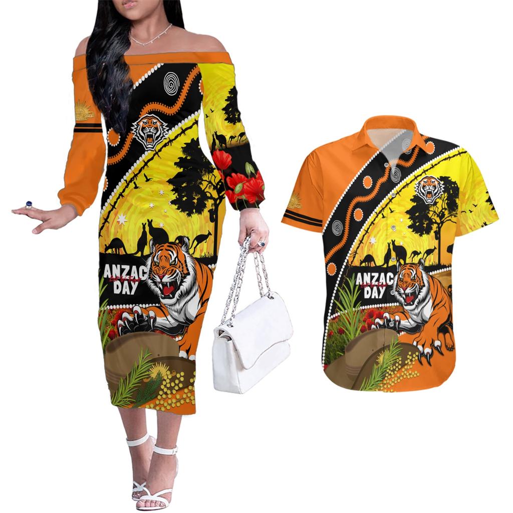 Tigers Rugby ANZAC Day Couples Matching Off The Shoulder Long Sleeve Dress and Hawaiian Shirt Wests Mascot Rosemary Starry Night