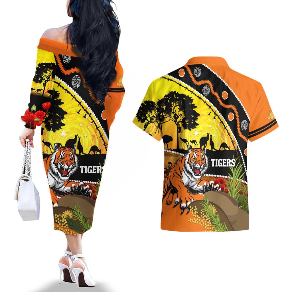 Tigers Rugby ANZAC Day Couples Matching Off The Shoulder Long Sleeve Dress and Hawaiian Shirt Wests Mascot Rosemary Starry Night