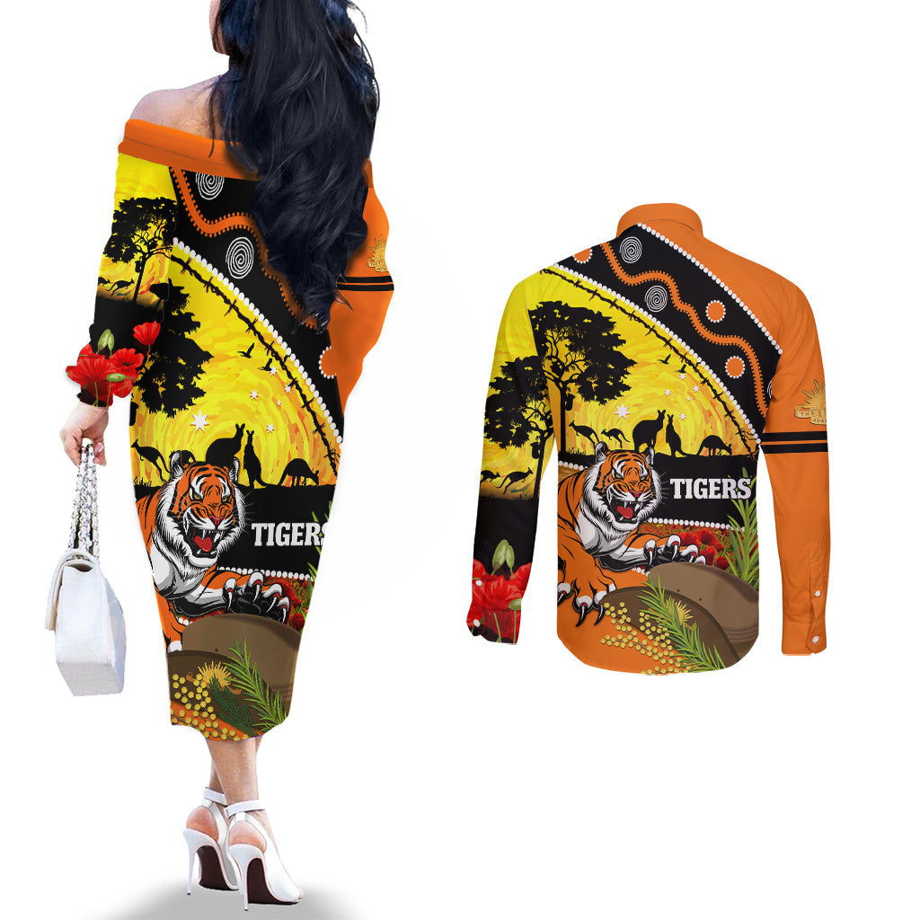 Tigers Rugby ANZAC Day Couples Matching Off The Shoulder Long Sleeve Dress and Long Sleeve Button Shirt Wests Mascot Rosemary Starry Night