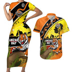 Tigers Rugby ANZAC Day Couples Matching Short Sleeve Bodycon Dress and Hawaiian Shirt Wests Mascot Rosemary Starry Night