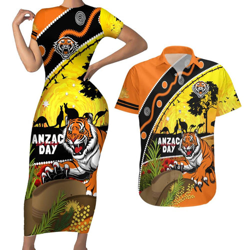 Tigers Rugby ANZAC Day Couples Matching Short Sleeve Bodycon Dress and Hawaiian Shirt Wests Mascot Rosemary Starry Night