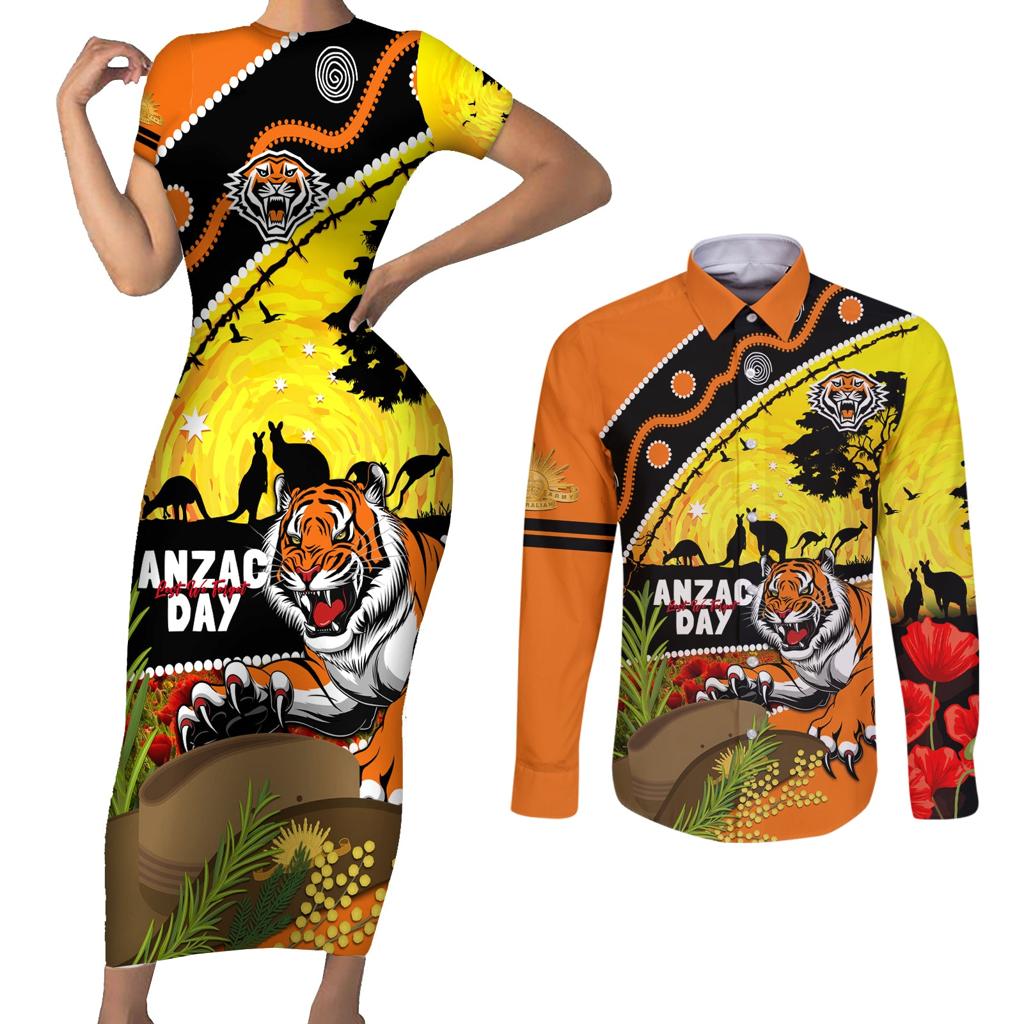 Tigers Rugby ANZAC Day Couples Matching Short Sleeve Bodycon Dress and Long Sleeve Button Shirt Wests Mascot Rosemary Starry Night