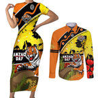 Tigers Rugby ANZAC Day Couples Matching Short Sleeve Bodycon Dress and Long Sleeve Button Shirt Wests Mascot Rosemary Starry Night