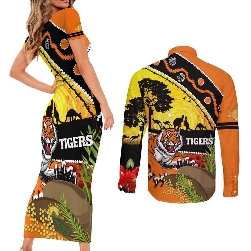 Tigers Rugby ANZAC Day Couples Matching Short Sleeve Bodycon Dress and Long Sleeve Button Shirt Wests Mascot Rosemary Starry Night