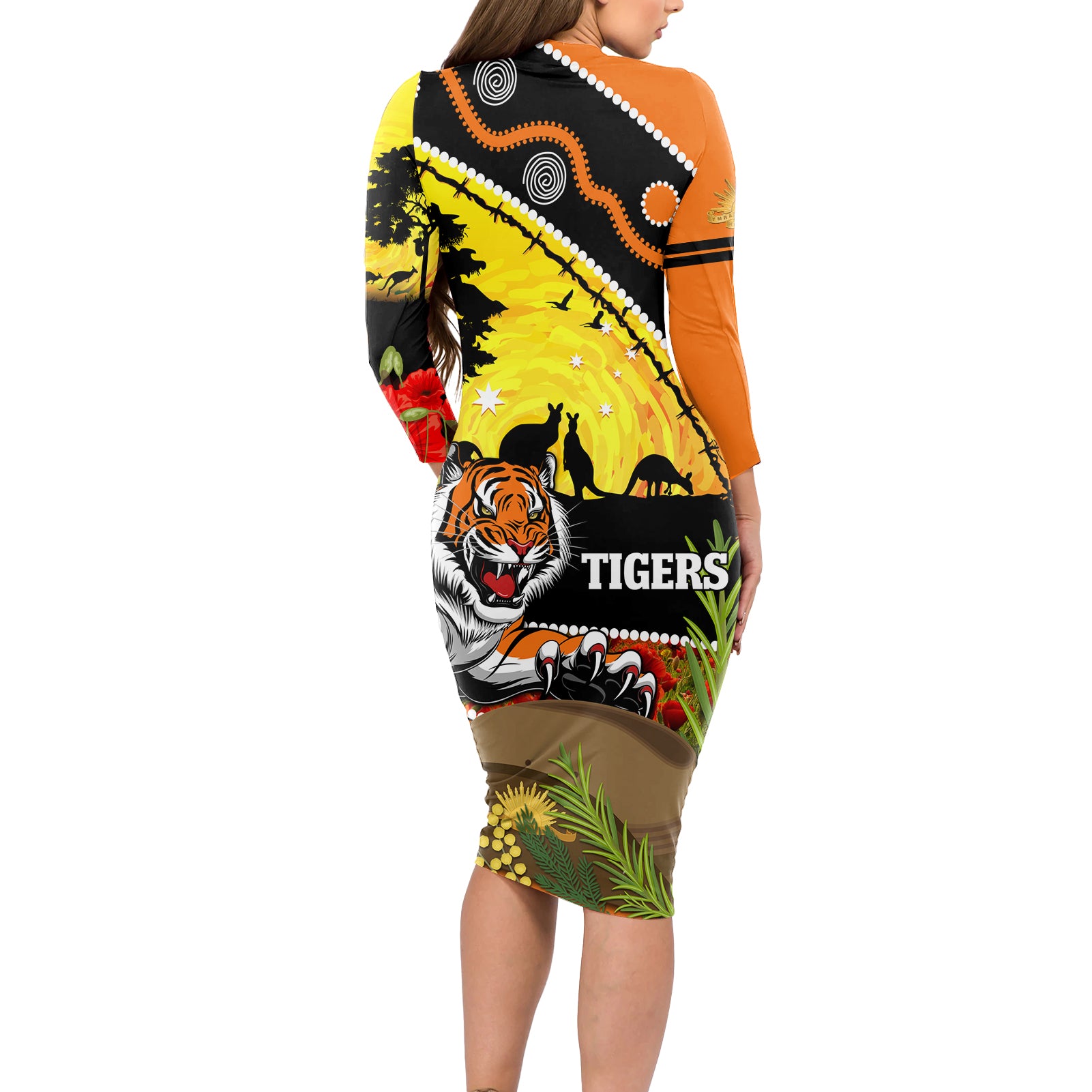 Tigers Rugby ANZAC Day Long Sleeve Bodycon Dress Wests Mascot Rosemary Starry Night
