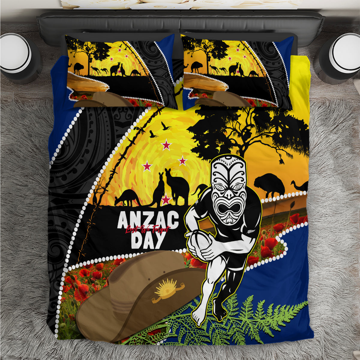 Warriors Rugby ANZAC Day Bedding Set New Zealand Wahs Tiki Mascot Rosemary Starry Night