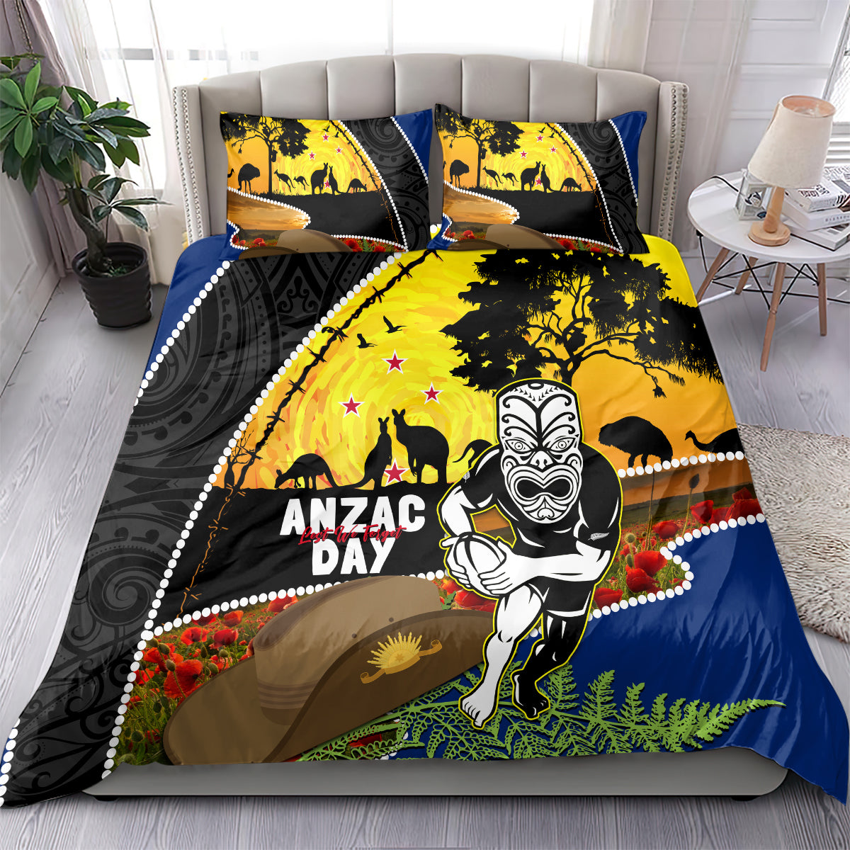 Warriors Rugby ANZAC Day Bedding Set New Zealand Wahs Tiki Mascot Rosemary Starry Night